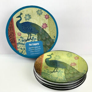 4 Pier 1 Imports Peacock Design Appetizer Plates Silver Foil Backing 6” In Box